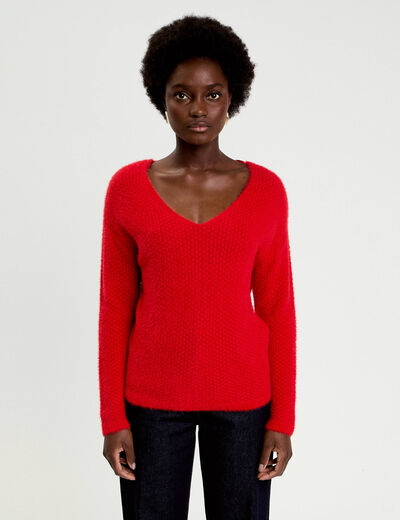 Pull col v manches longues rouge femme