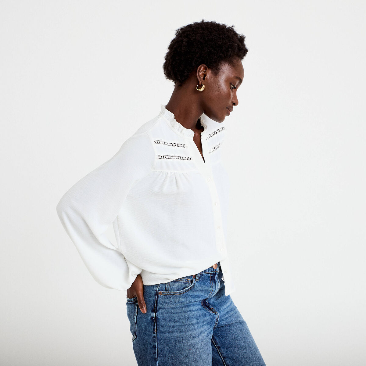 Blouse droite col mao manches longues ecru femme