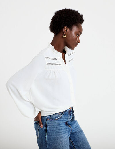 Blouse droite col mao manches longues ecru femme