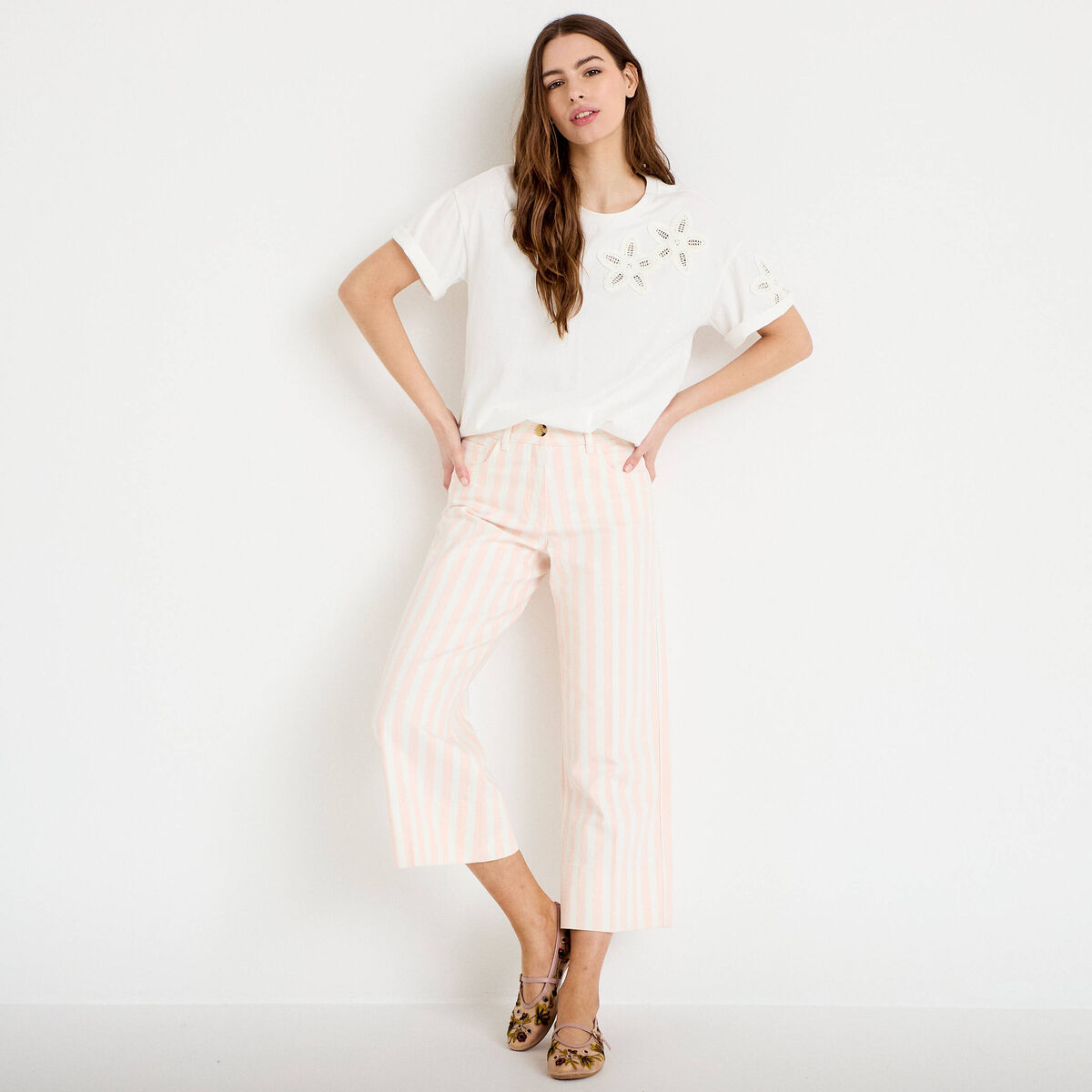 Pantalon bootcut 3/4 taille haute blanc femme