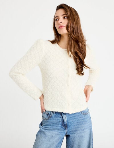 Gilet duveteux manches longues col rond ecru femme