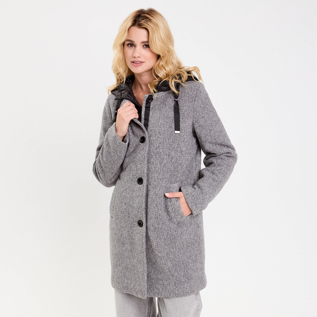 Manteau droit long &agrave; capuche gris clair femme