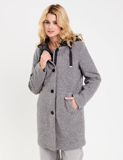 Manteau droit long &agrave; capuche gris clair femme