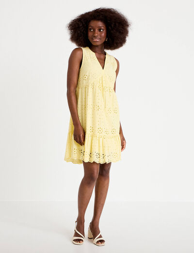 Robe courte &eacute;vas&eacute;e col v sans manches jaune clair femme