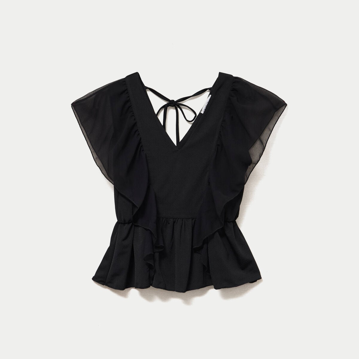 Blouse d&eacute;collet&eacute; voile manches courtes noir femme