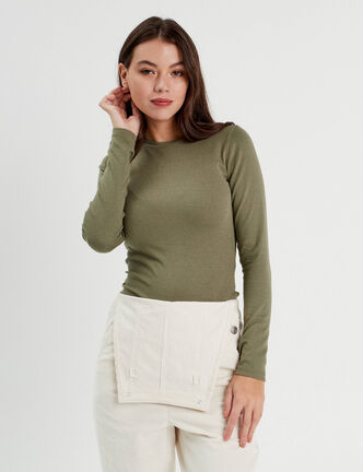 T-shirt cintr&eacute; col rond manches longues vert kaki femme