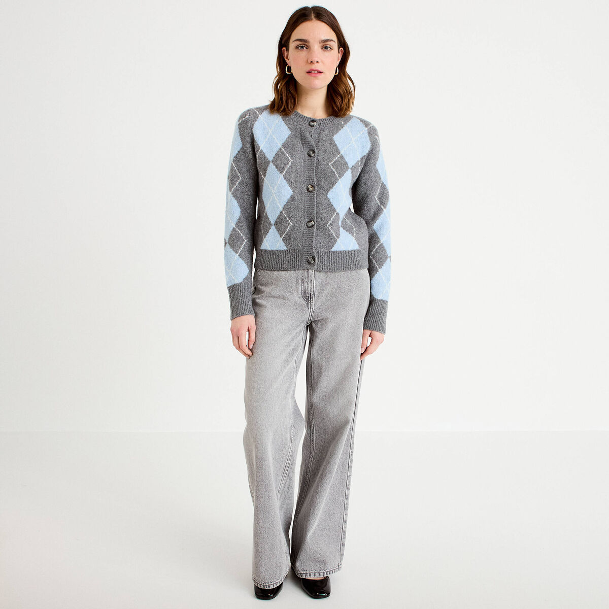 Cardigan col rond manches longues gris fonc&eacute; femme
