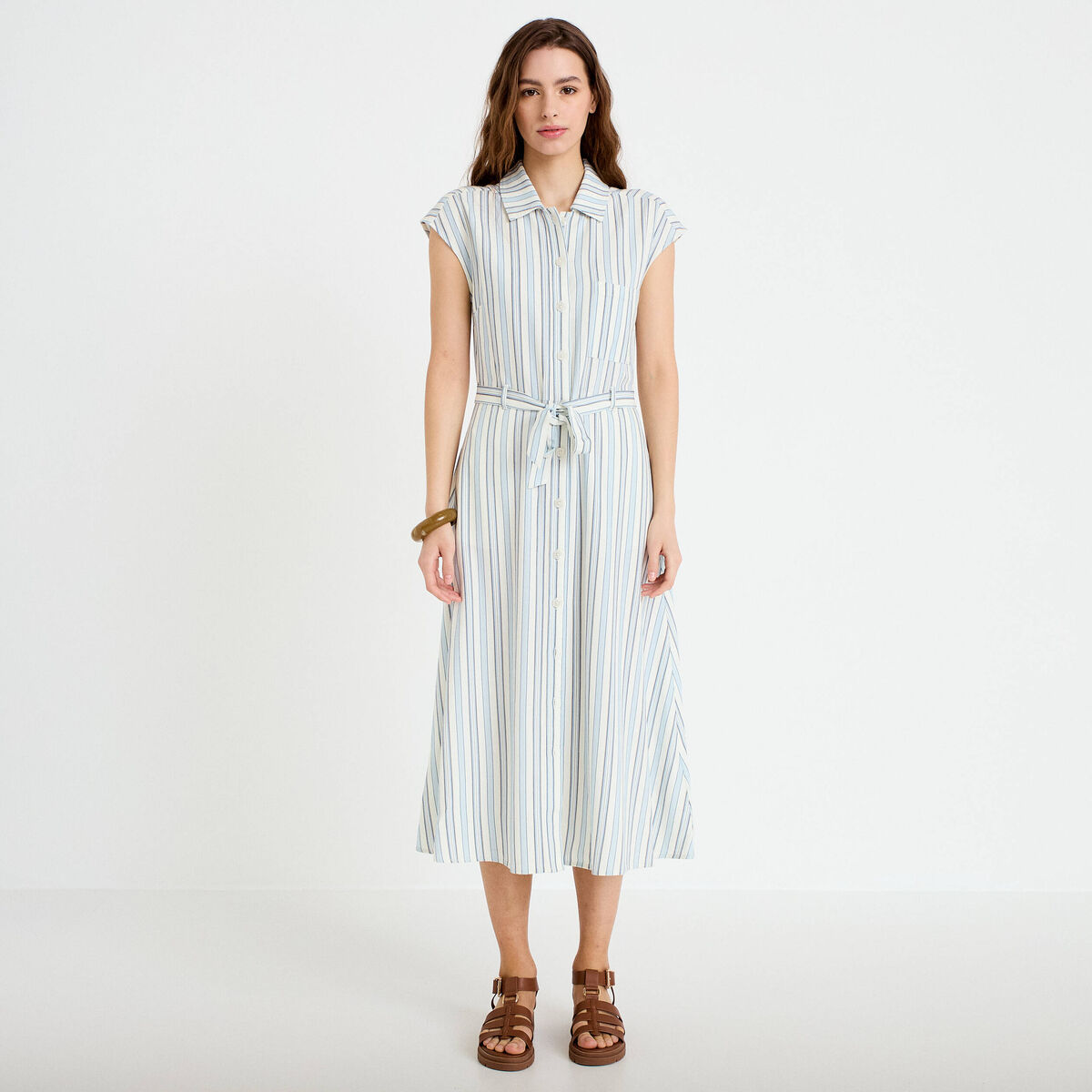 Robe midi &eacute;vas&eacute;e manches tr&egrave;s courtes blanc femme