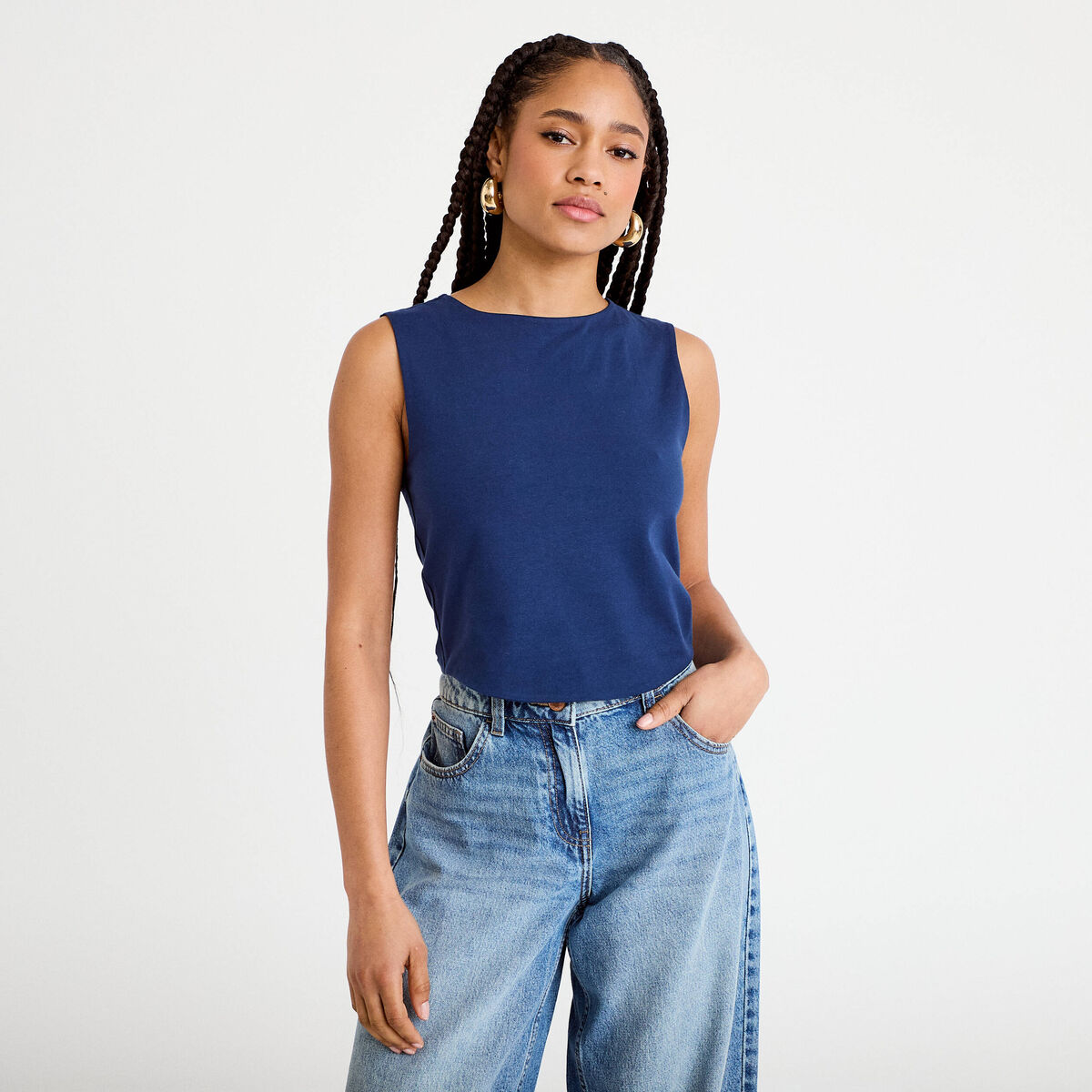 D&eacute;bardeur cropped bleu fonc&eacute; femme