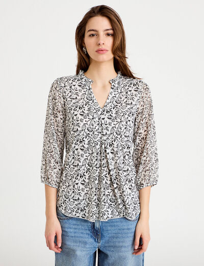 Blouse col v manches 3/4 blanc femme