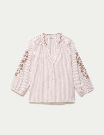 Blouse col v broderie manches 3/4 sable femme