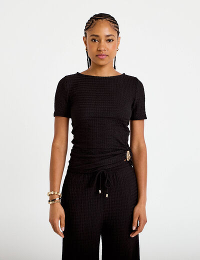 T-shirt col rond manches courtes bijou noir femme