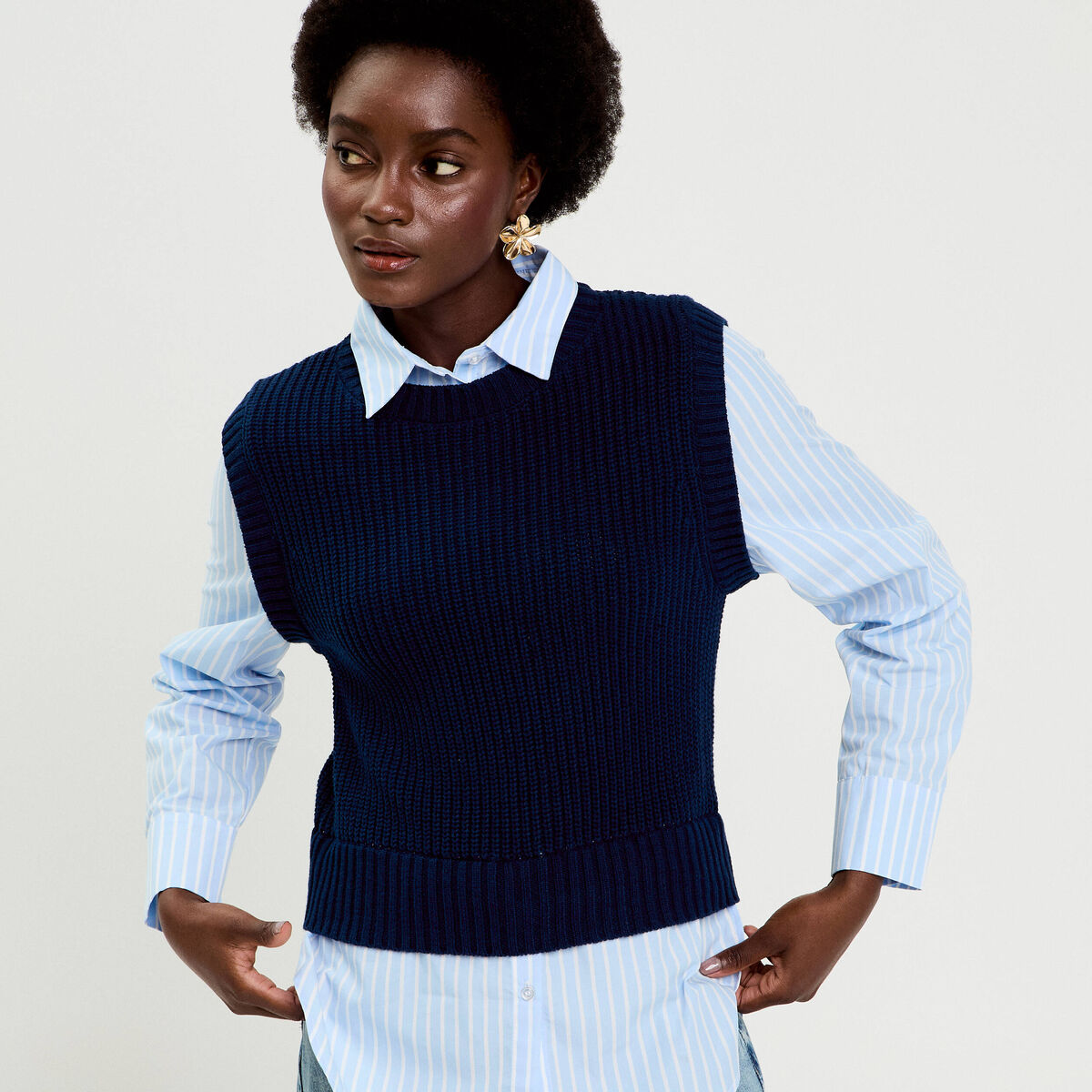 Pull chemise 2-en-1 bleu marine femme