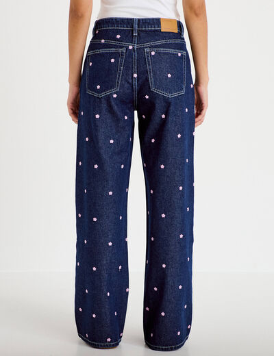 Jean wide leg taille haute brod&eacute; bleu fonc&eacute; femme
