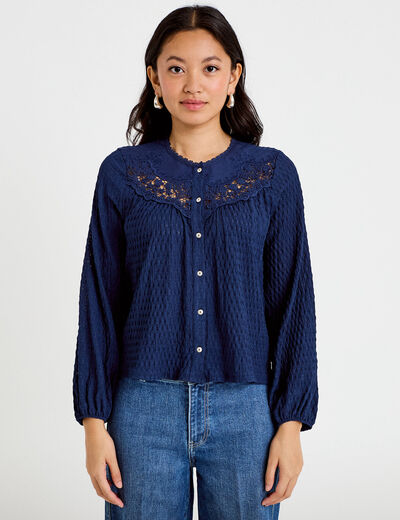 Blouse col rond manches longues bleu fonc&eacute; femme