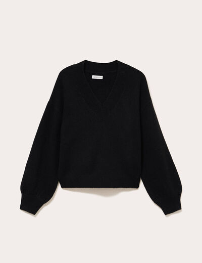 Pull col v manches longues noir femme