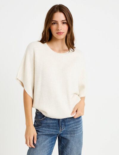 Pull oversize col rond manches courtes ecru femme