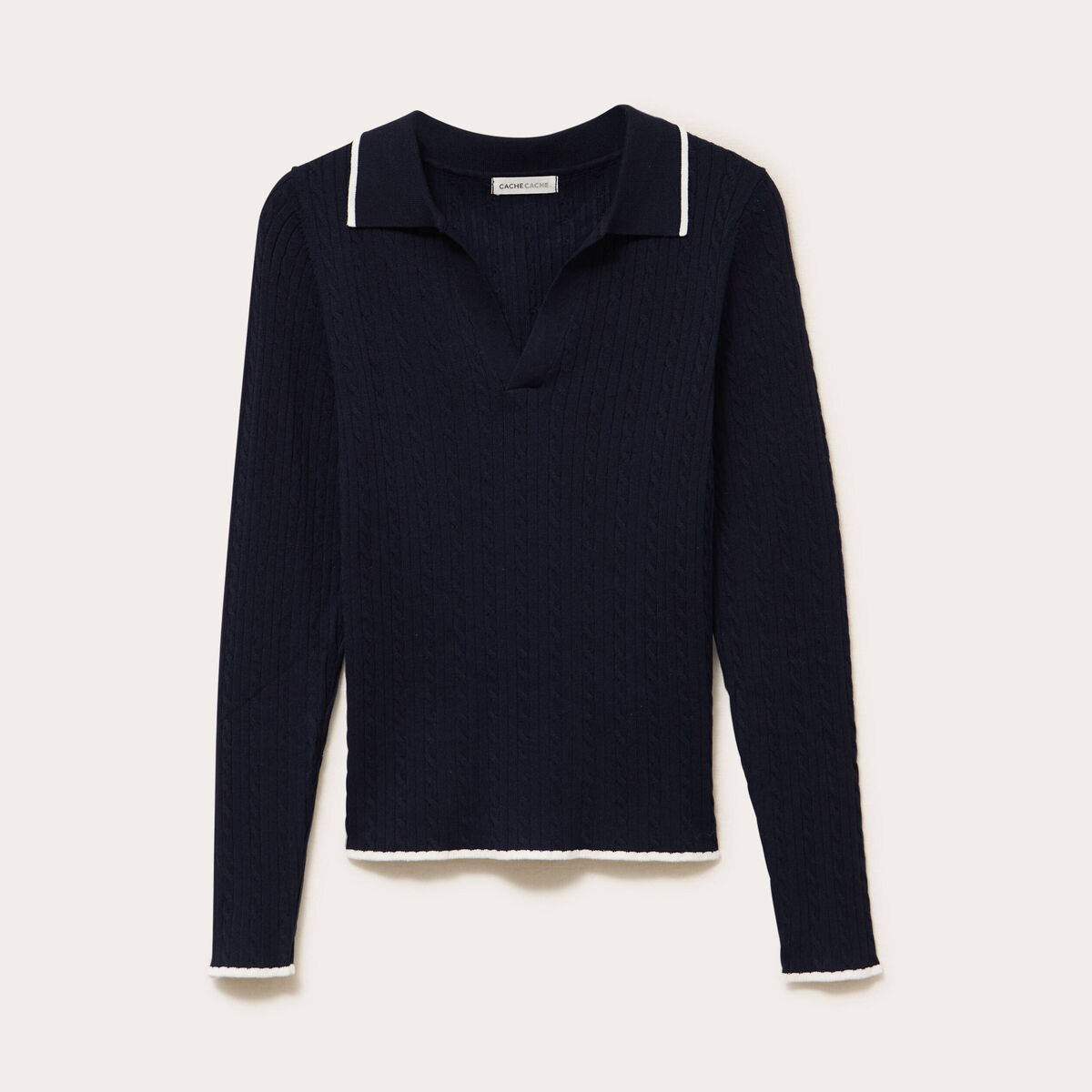 Polo ajust&eacute; cropped manches longues bleu marine femme