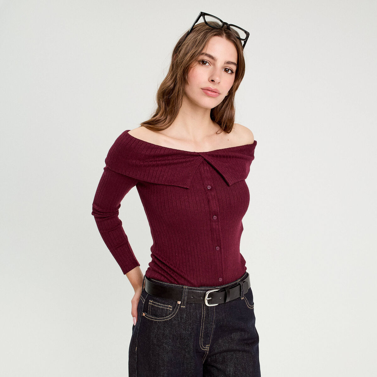 T-shirt c&ocirc;tel&eacute; col bardot violet fonc&eacute; femme