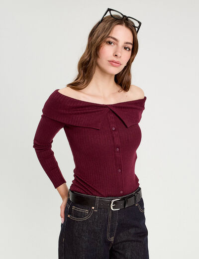 T-shirt c&ocirc;tel&eacute; col bardot violet fonc&eacute; femme