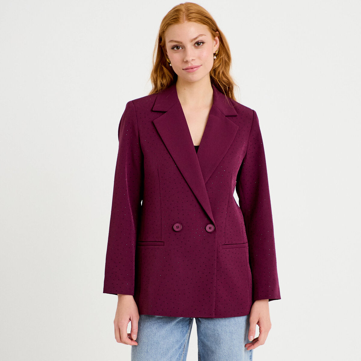 Blazer oversize brillant manches longues prune femme