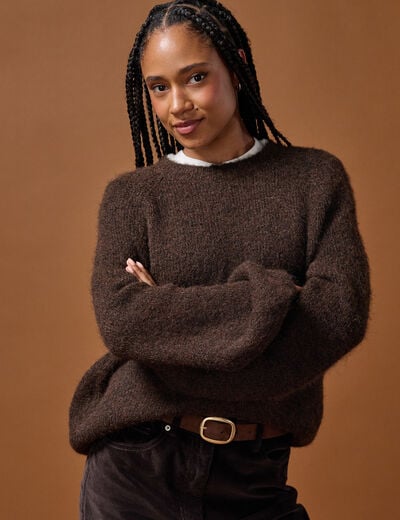 Pull ample col rond manches longues marron fonc&eacute; femme