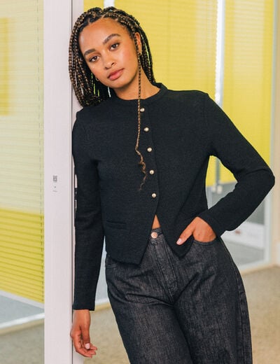 Veste tweed droite cropped col rond noir femme