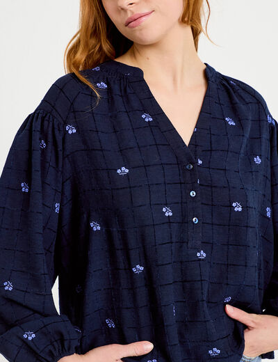 Blouse avec broderie bleu fonc&eacute; femme