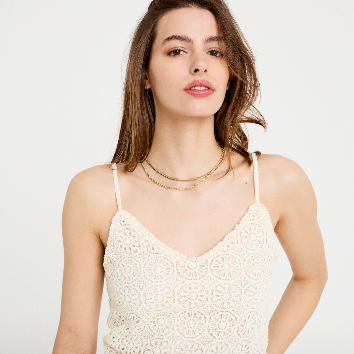 D&eacute;bardeur d&eacute;collet&eacute; aspect dentelle ecru femme