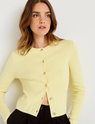 Gilet ajust&eacute; cropped col rond jaune clair femme