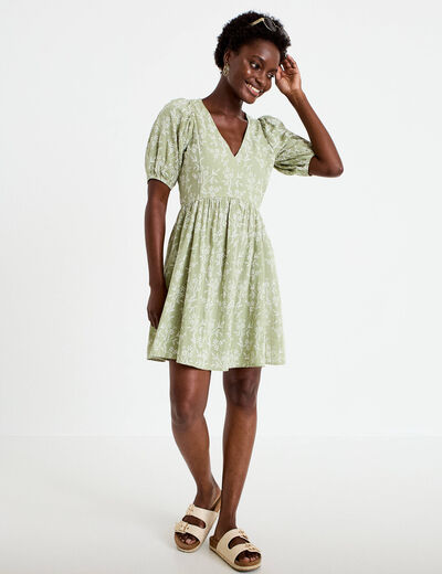 Robe droite courte col v manches courtes vert femme