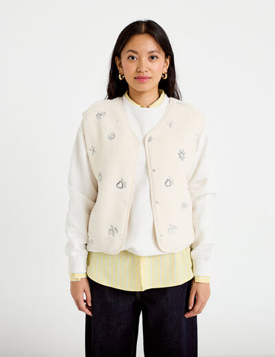 Gilet sans manches effet polaire col v ecru femme