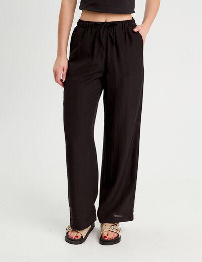 Pantalon large taille haute en cr&ecirc;pe noir femme
