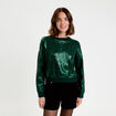 Pull manches longues avec sequins vert fonc&eacute; femme