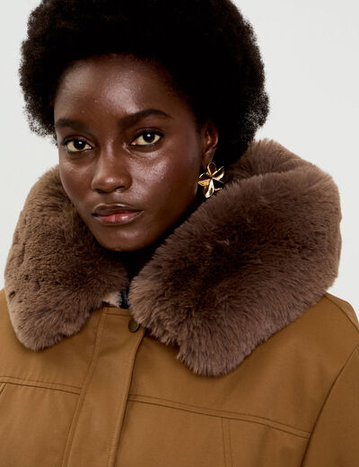 Parka col fausse fourrure amovible marron fonc&eacute; femme