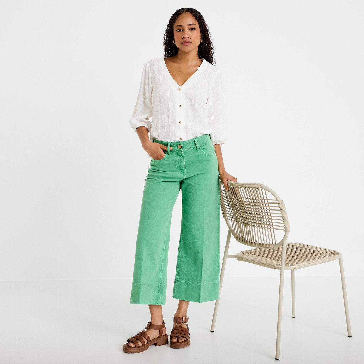 Pantalon bootcut 3/4 taille haute vert femme