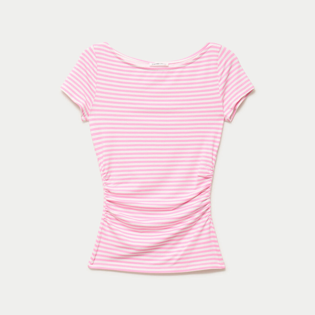 Top ajust&eacute; col bateau manches courtes rose clair femme