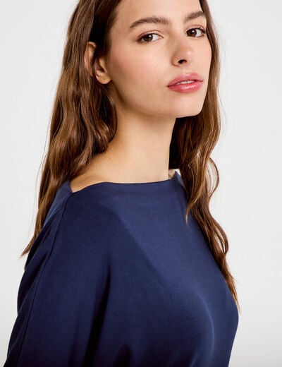 T-shirt col bateau manches longues bleu marine femme