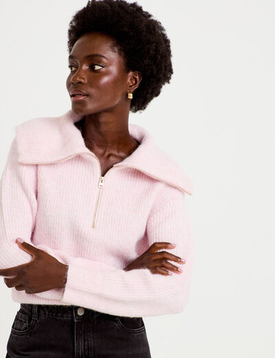 Pull col camionneur manches longues rose clair femme