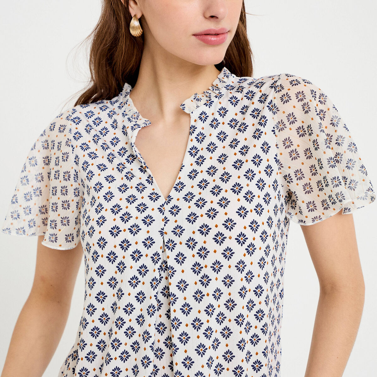 Blouse droite longue manches courtes bleu femme