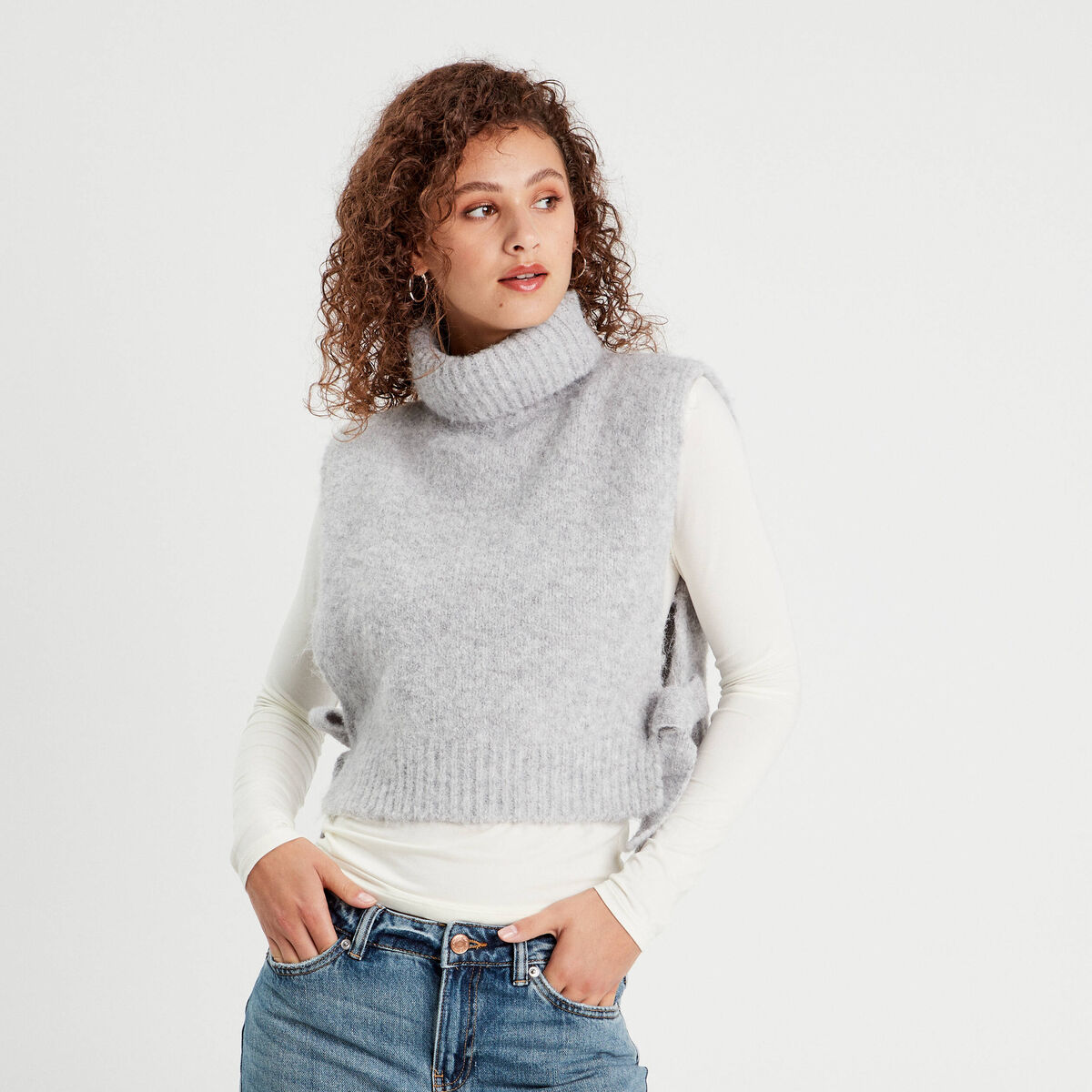 Pull Sans Manches Femme Col Roulé Bicolore Beige Anthracite - Maille Chaude Grande Taille - Fabriqué En France