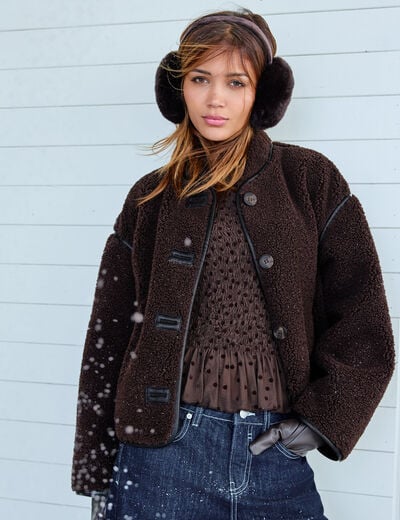 Veste effet polaire manches longues marron fonc&eacute; femme
