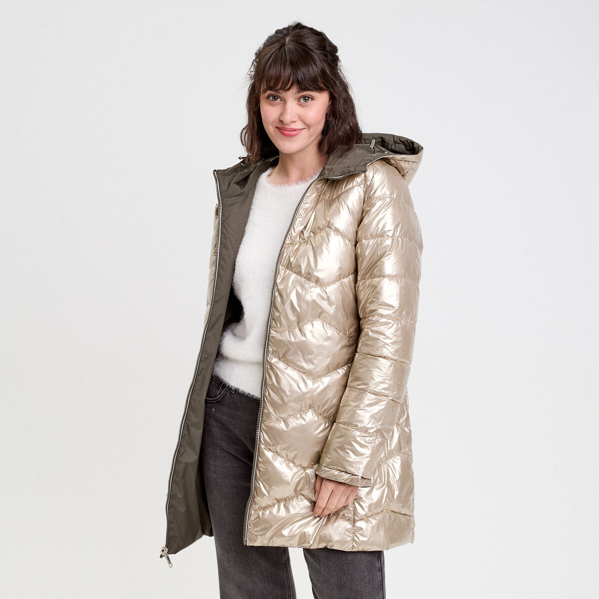 Parka &agrave; capuche r&eacute;versible vert kaki femme