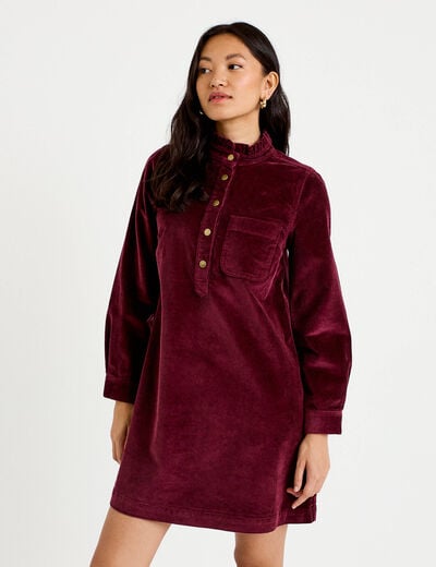Robe &eacute;vas&eacute;e velours col montant bordeaux femme