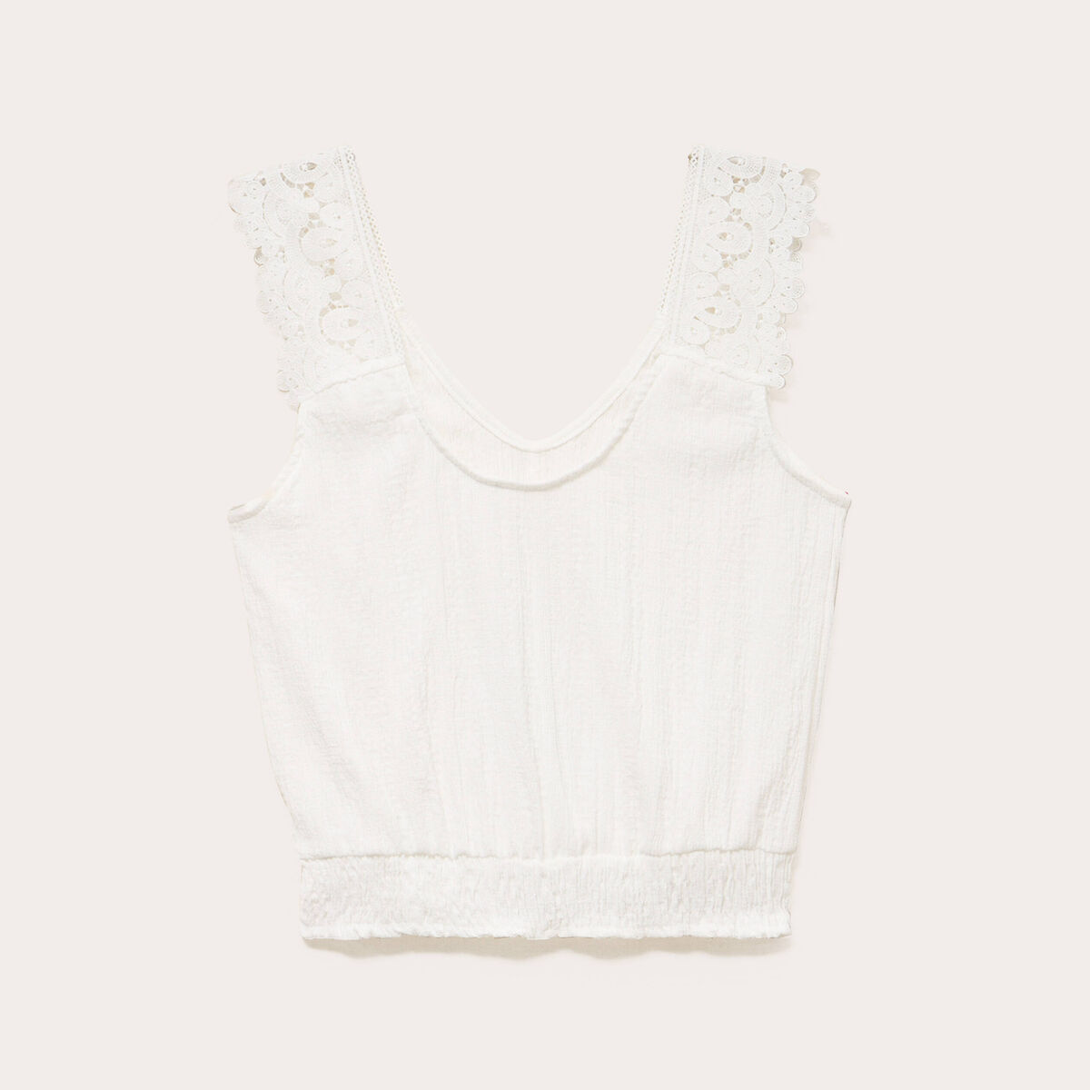 Top droit court sans manches en dentelle ecru femme