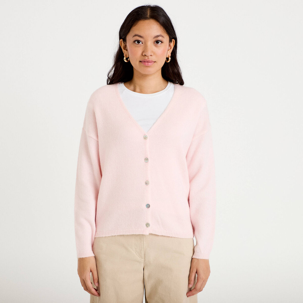 Gilet boutonn&eacute; avec col en V rose clair femme