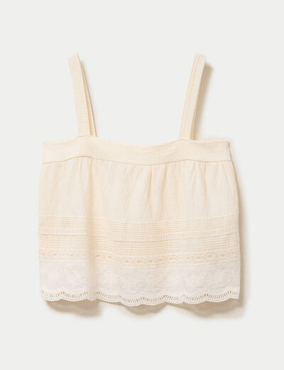 Top &agrave; bretelles broderie ecru femme
