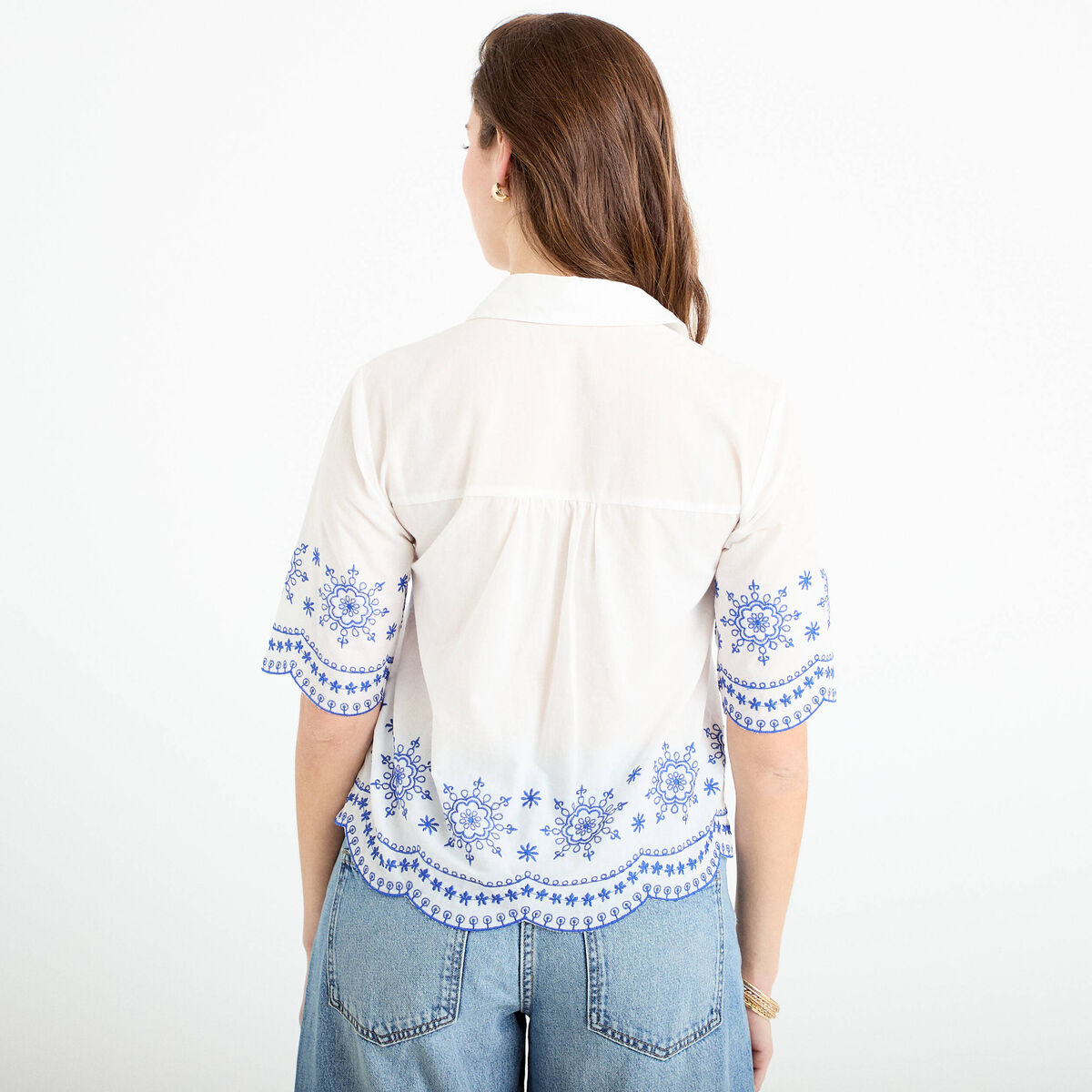 Chemise brod&eacute;e manches courtes ecru femme