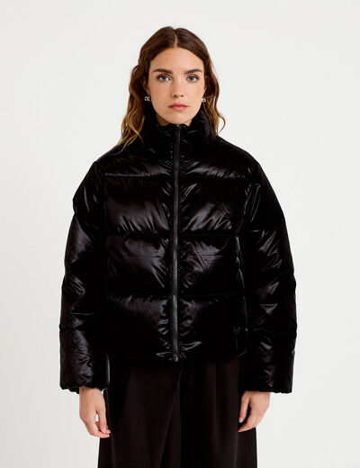 Doudoune cropped col montant brillante noir femme
