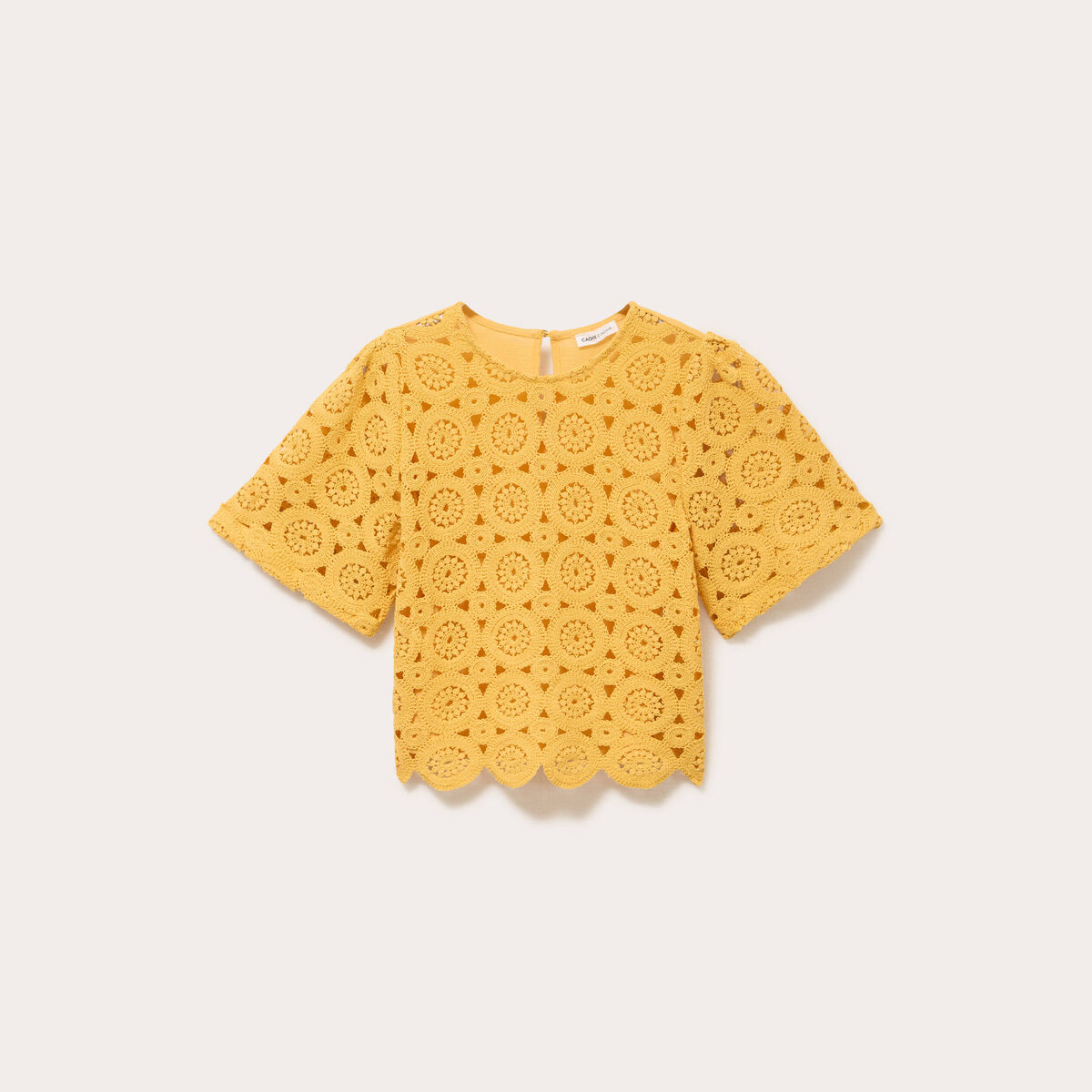 T-shirt macram&eacute; col rond jaune femme